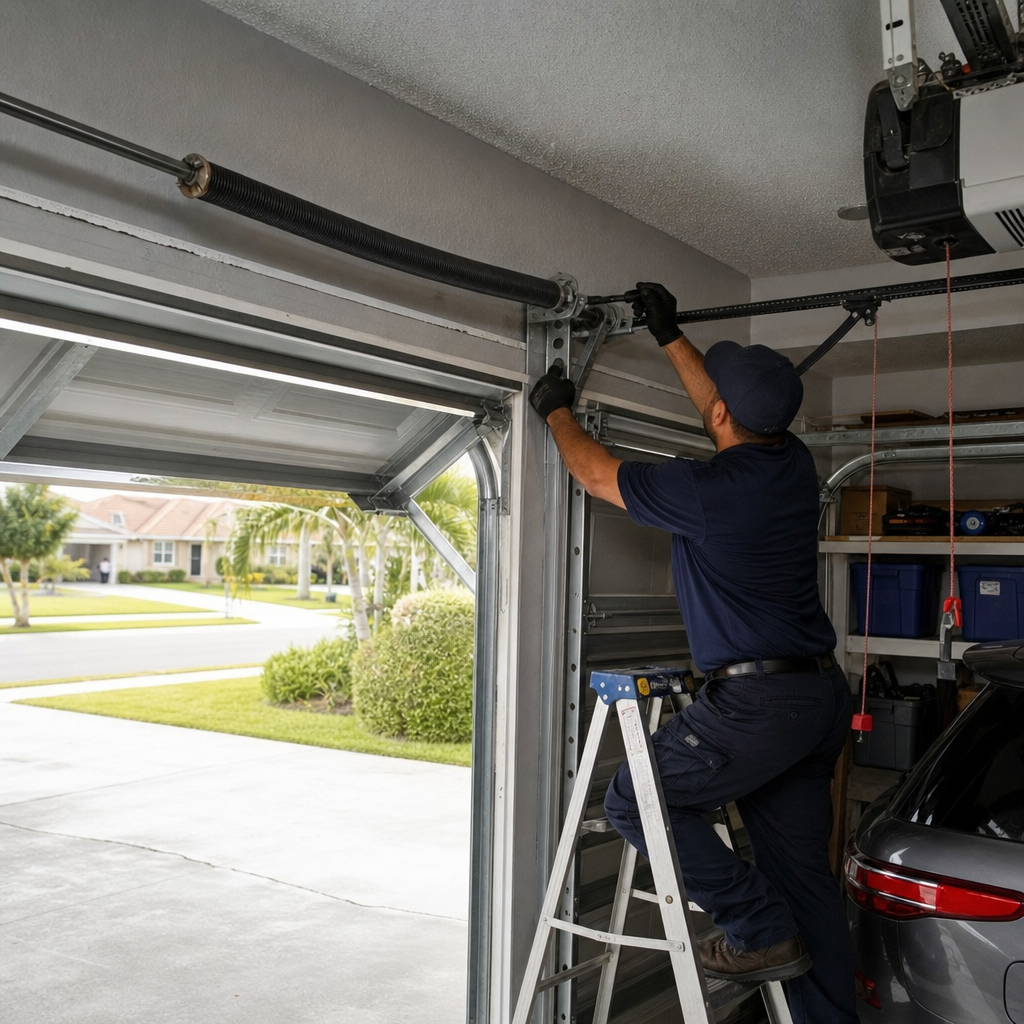 Technician performing emergency garage door repair on torsion spring in Pompano Beach, FL