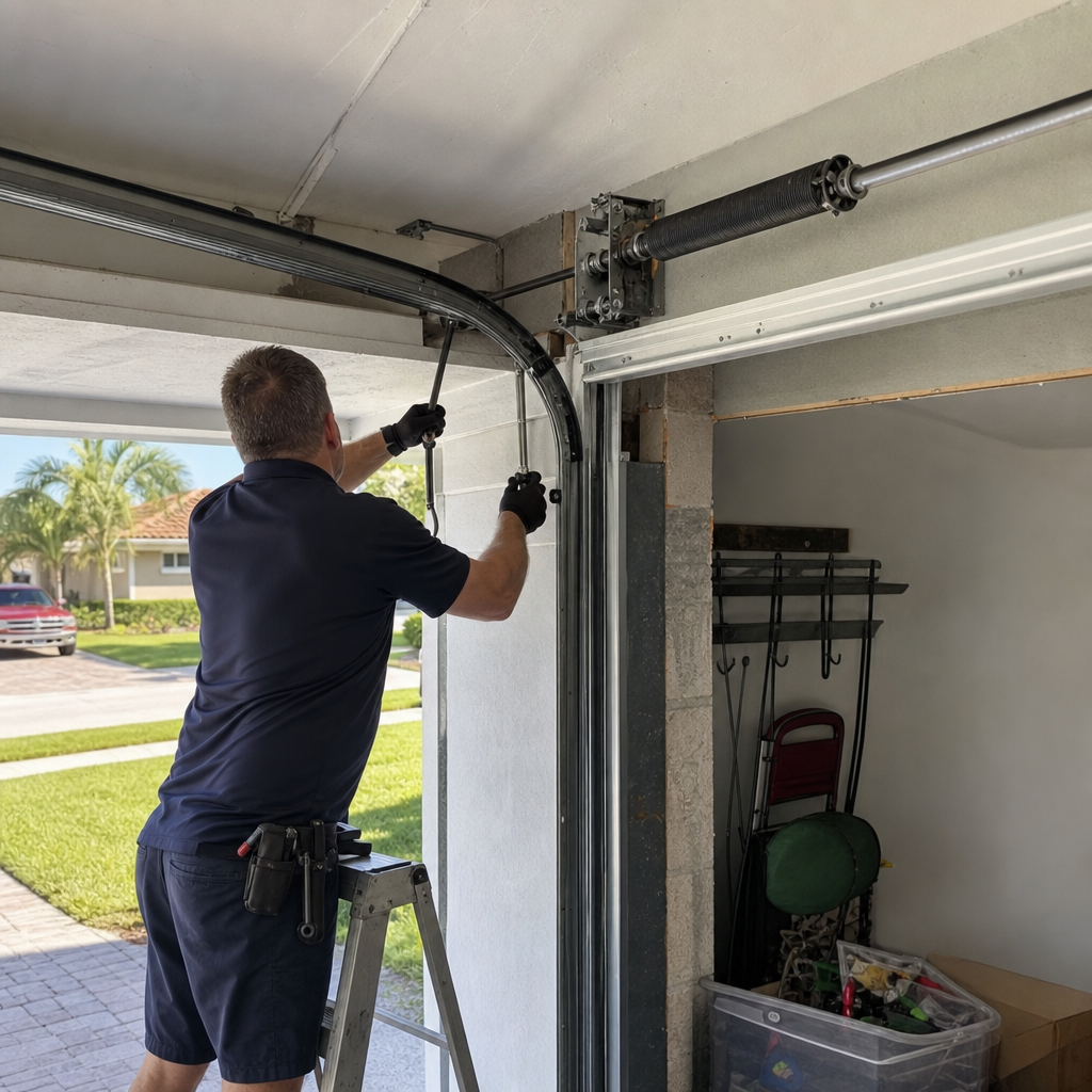 Professional performing emergency garage door repair service in Pompano Beach, FL