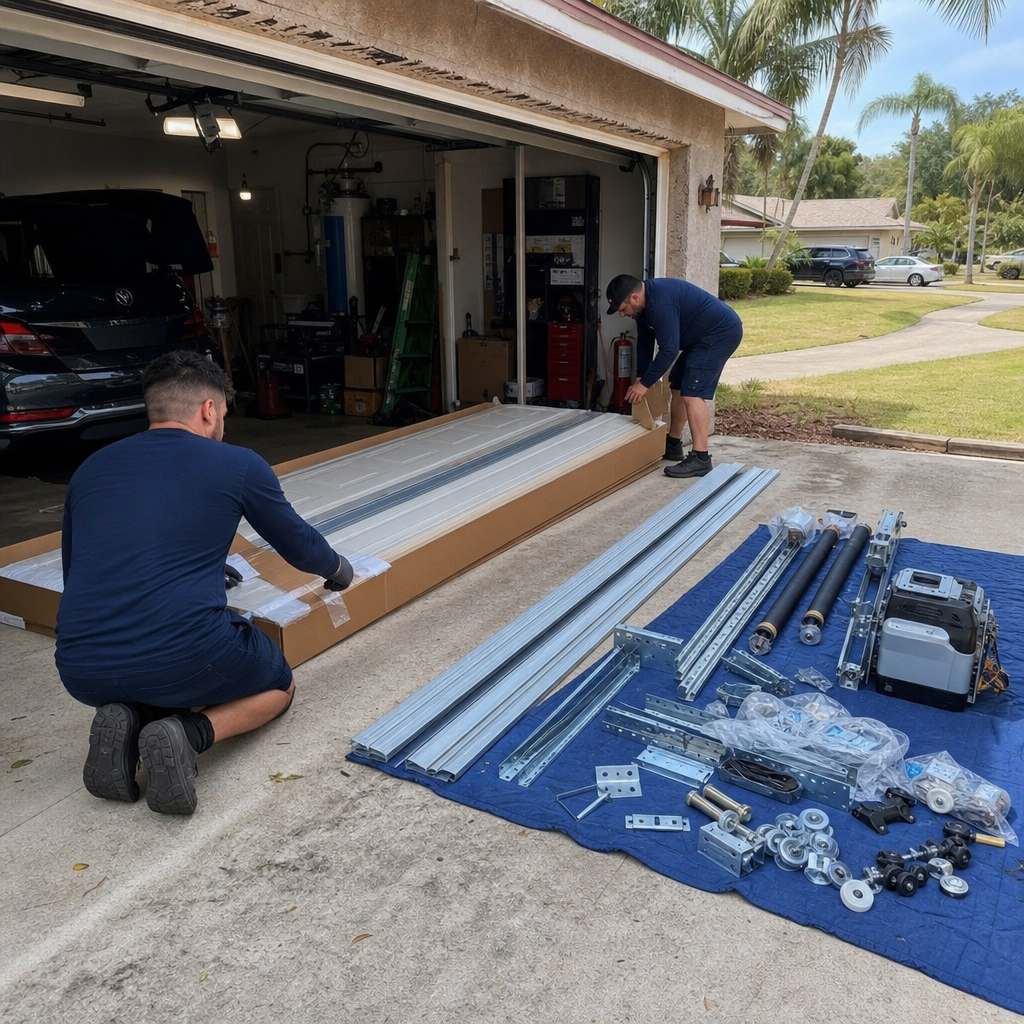 Garage door installation professional assembling new garage door components in Pompano Beach, FL