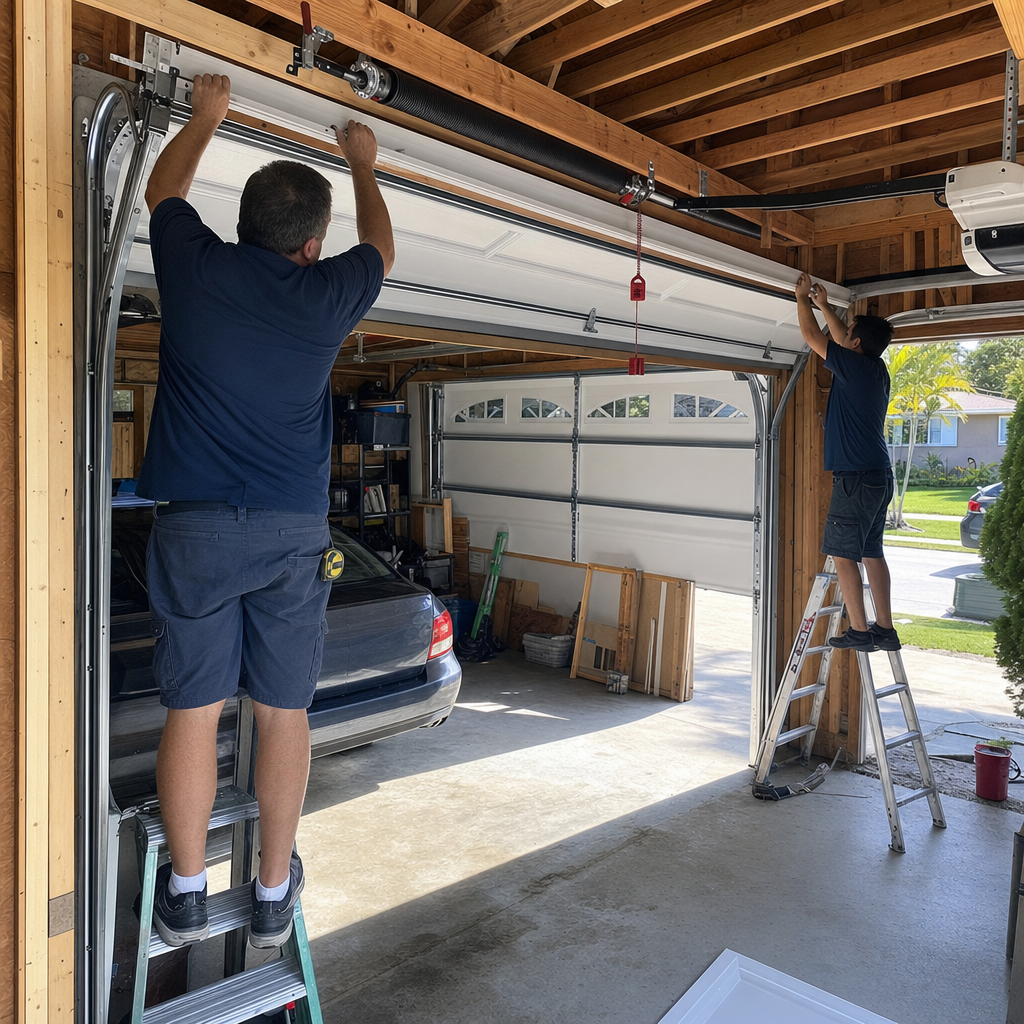 Garage door installation in progress by professionals