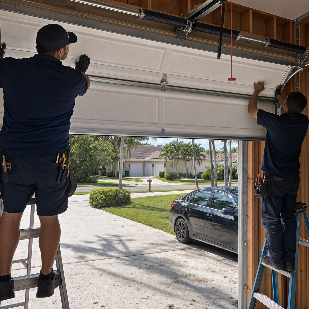 Technician installs a garage door on a ladder. in Pompano Beach, FL