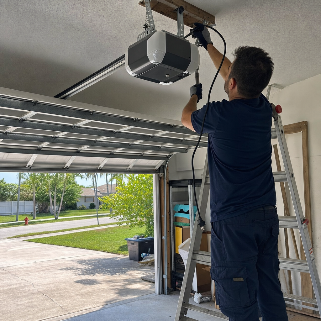 Professional installing a garage door opener mechanism