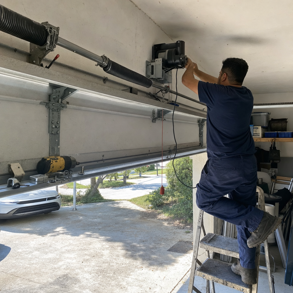 Technician installing garage door opener