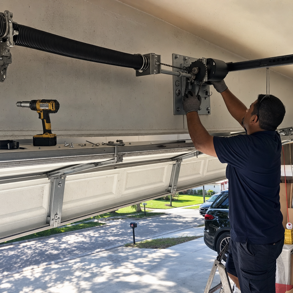 Technician servicing garage door opener mechanism with torsion spring and chain in Pompano Beach, FL