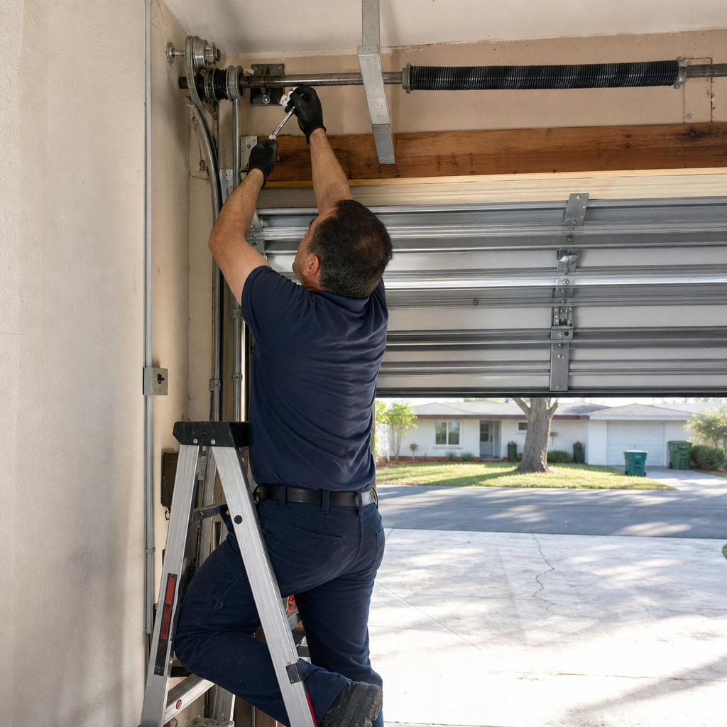 Garage door technician fixing springs on a garage door. in Pompano Beach, FL