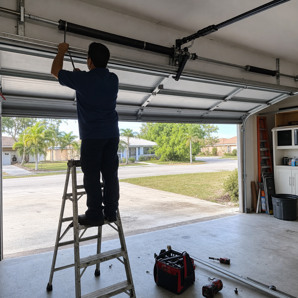Garage door repair technician working on torsion spring.