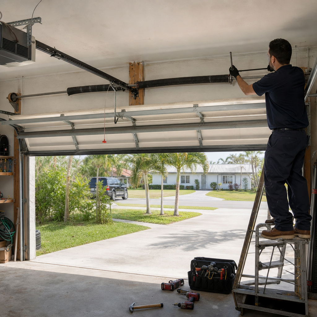 Garage door technician repairing torsion spring on open garage door