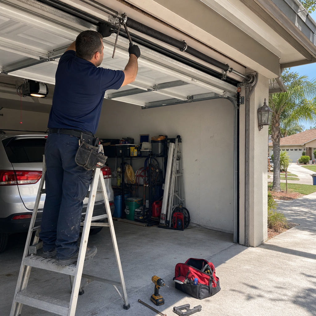 Technician repairing garage door spring on a ladder in Pompano Beach, FL